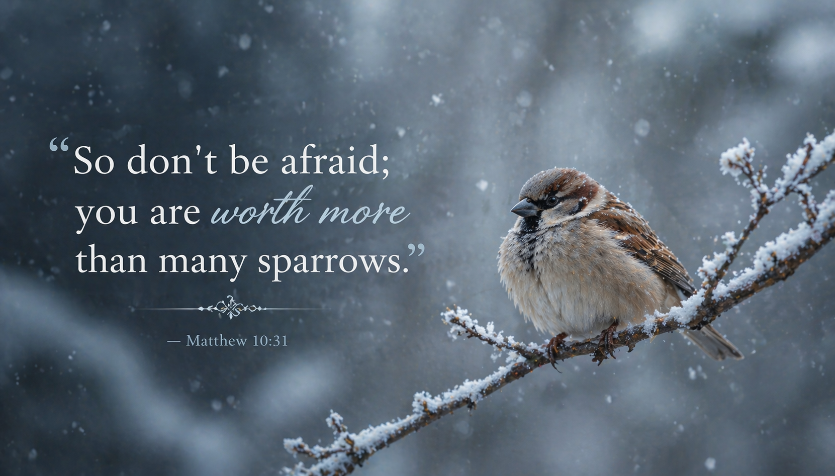 Matthew 10:31 wallpaper sparrow on winter branch with snowfall - worth more than many sparrows